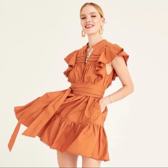 Secret Mission Bartolina Ruffled Cotton Crochet Flutter Sleeve Pocket Dress sz L - Picture 1 of 16